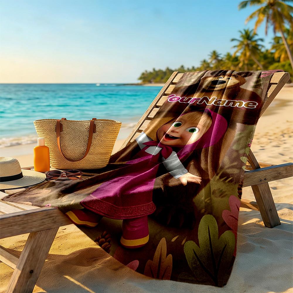 Masha Bear Personalized Text Beach Towel High Absorbency & Quick-Dry Perfect for Traveling Yoga Camping and Swimming