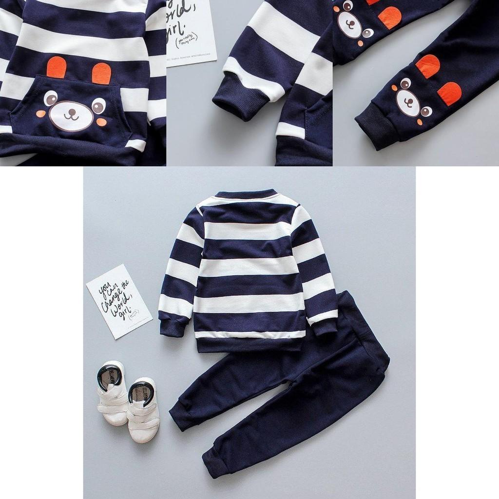 Stylish Bear Stripe 2pcs Toddler Kids Baby Boy Girl Sweater Coat Tops+pants Outfits Clothes Set