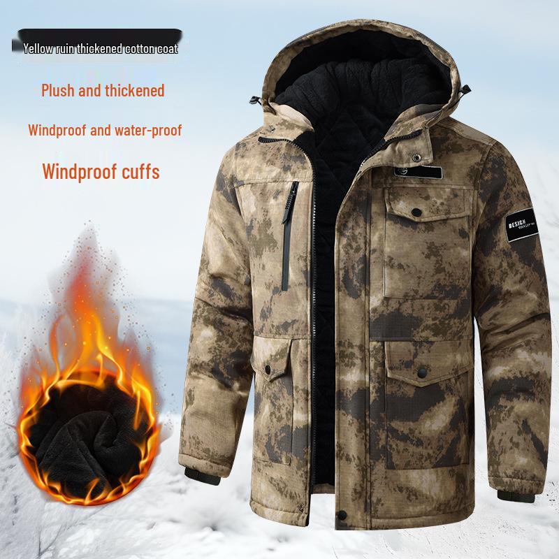 Men's Winter Camouflage Cotton Jacket with Velvet Lining for Cold Protection and Workwear