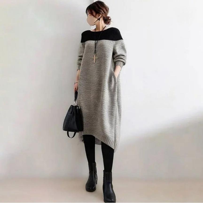 

2026 Spring Japanese Knit Patchwork Dress - Women s Versatile Loose Fit Sweater Style Large
