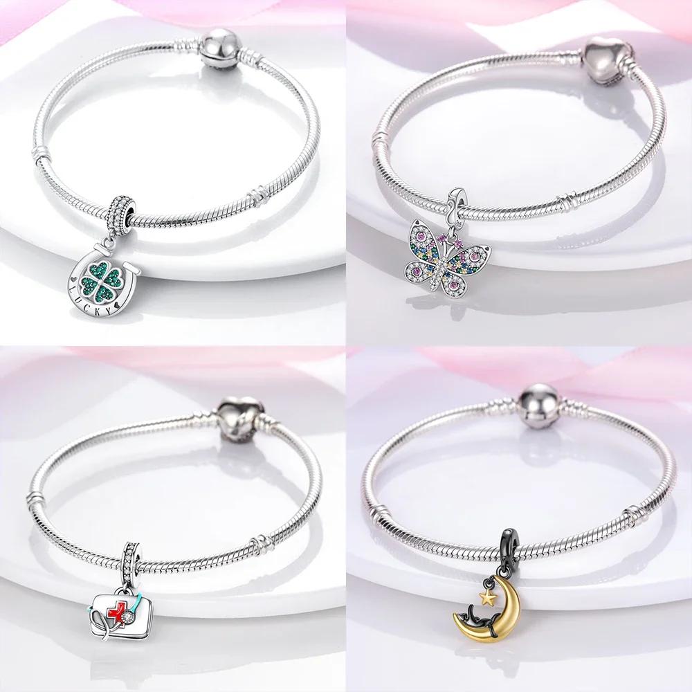 Exquisite Elegant Copper Charms Cat Moon Love Heart Beads Fit Original Pan Bracelet Making For Woman Jewelry Fashion Pendant