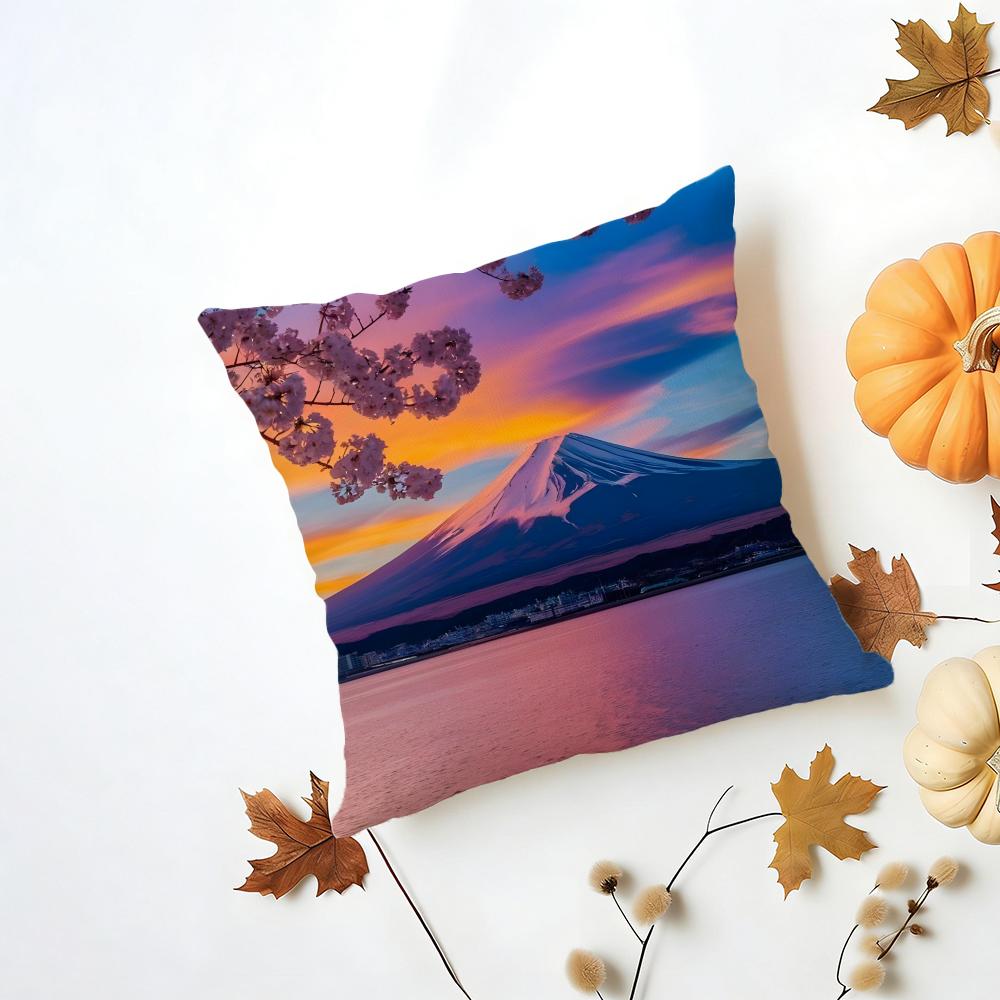 Japanese Cherry Blossom Fuji Mountain Sunset Cushion Cover Washable Linen Pillowcase Soft for Daily Sofa Bed Home Room Decor