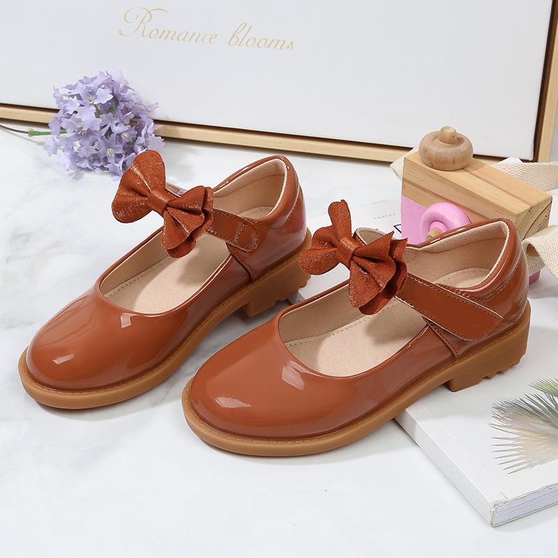 2024 New Soft Princess Shoes Black Bow Hook & Loop Glossy Fashion Kids Shoes Drop Shipping Cute Children Casual School Shoes PU