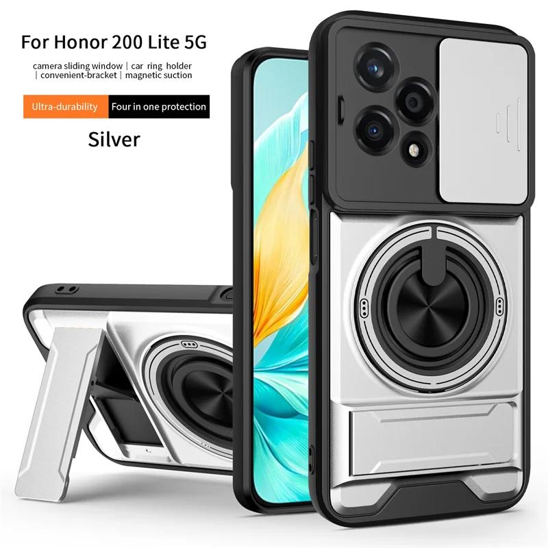 For Honor 200 Lite 5G Case Armor Silicone PC Magnetic Ring Holder Back Cover for Honor200 200Lite Slide Camera Shockproof Funda