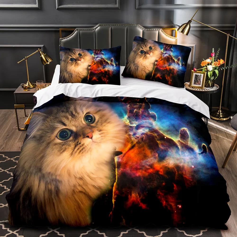 Comforter Bedding Sets For Double Size Galactic Cosmic 3d Cat Duvet Cover Bed Linen 2 Bedrooms For Boy Teen Girls Pink Purple