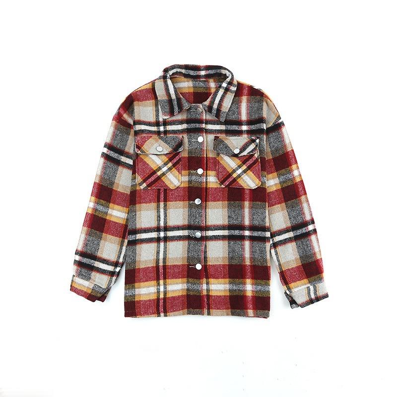Women Vintage Plaid Long Sleeve Shirt Loose Color Collision Lapel Tops Jacket