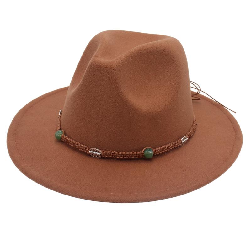 2023 New Top Hat Jade Accessories Woven Fleece Belt Foreign Trade Jazz Hat Big Eaves Show Small Face Big Head Circle Felt Hat