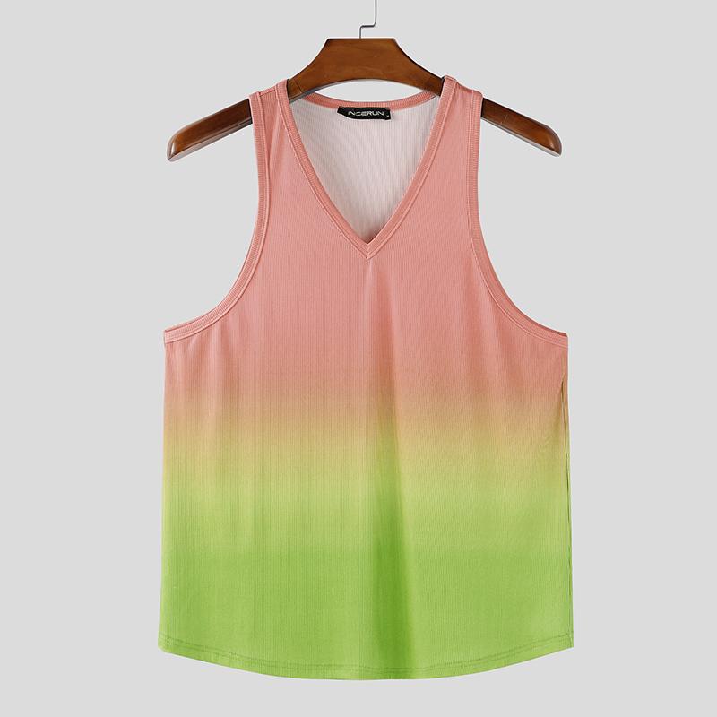 

INCERUN Men Summer V Neck Sleeveless Gradient Print Casual Loose Tank Tops 5XL розовый