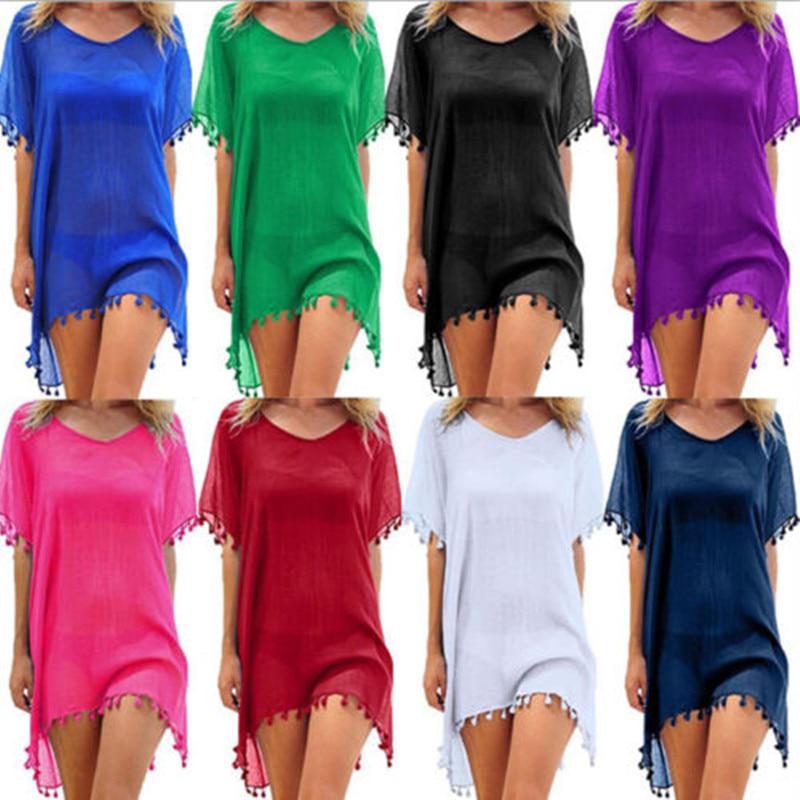 Summer Bikini Cover Up Chiffon Pompom Detail Hollow Crochet Swimsuit Cover-Ups Bathing Suit F Size