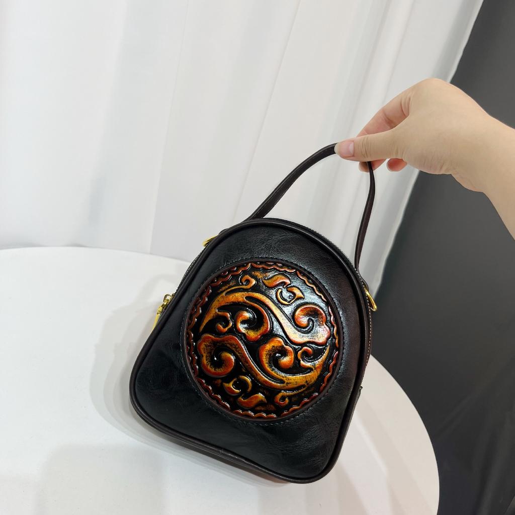 Ethnic Vintage Round Crossbody - Hand Embossed Ladies Shoulder Bag Minimalist Texture Commuter Large Capacity Handbag