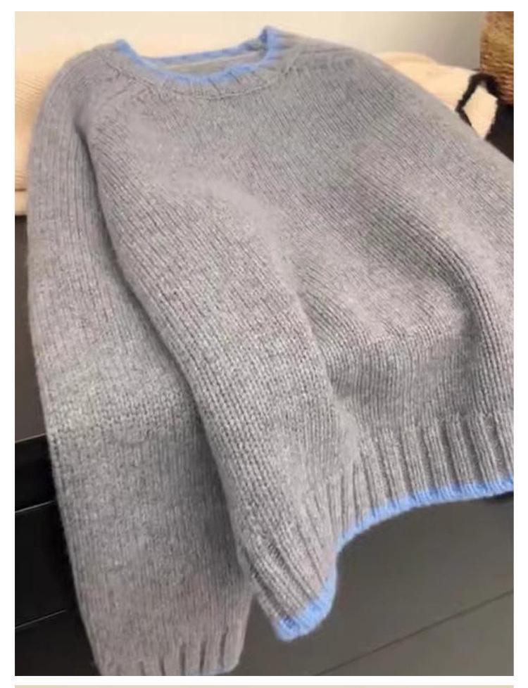 2025 Autumn/Winter Color Block Loose Casual Round Neck Base Layer Top