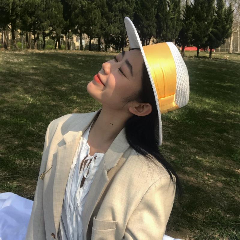 White Flat Top Wide Brim Panama Straw Hat Women Ins French Korean Retro Versatile Sunshade Resort Beach Top Hat