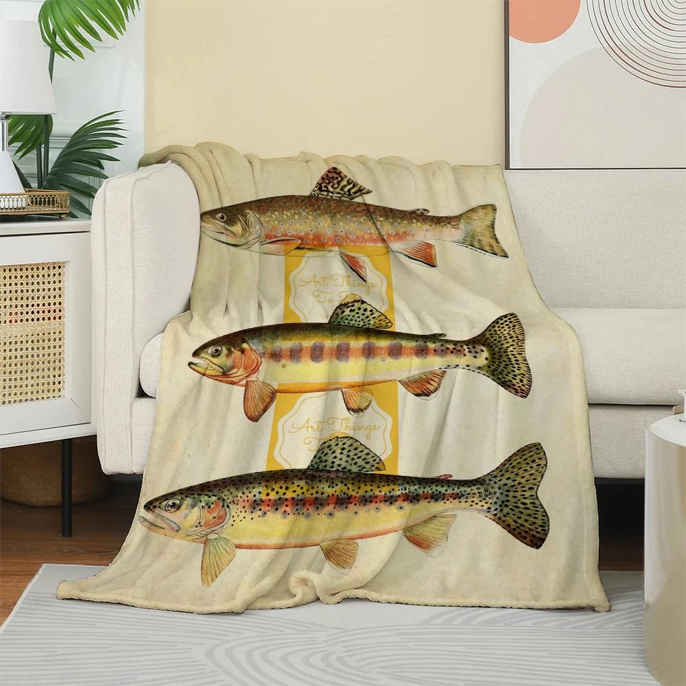 Vintage Trout Fish Illustration Flannel printed blanket suitable for all seasons suitable for living room office sofa and travel