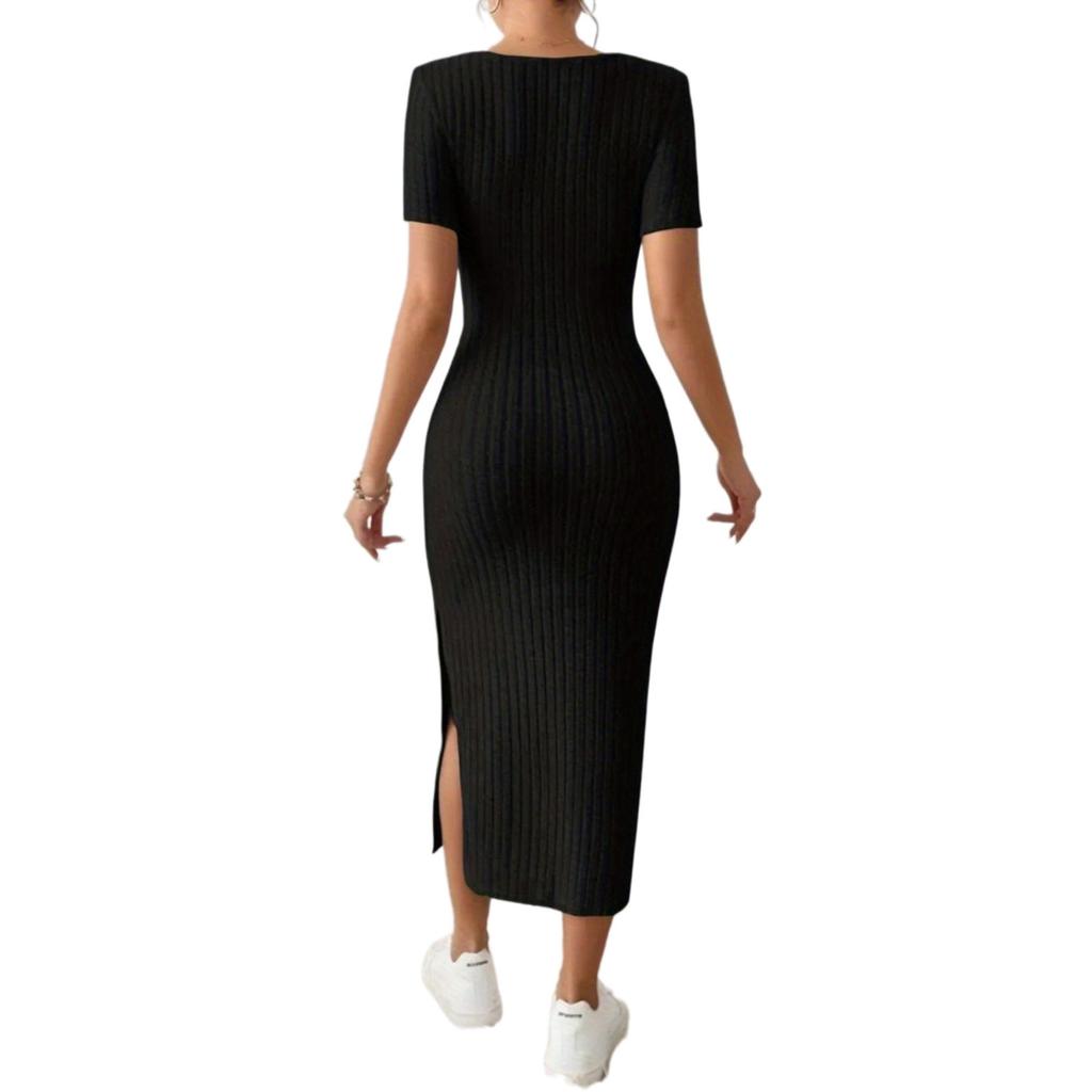 Women's New French Stand Alone Square Neck Short Sleeve Side Slit Dress