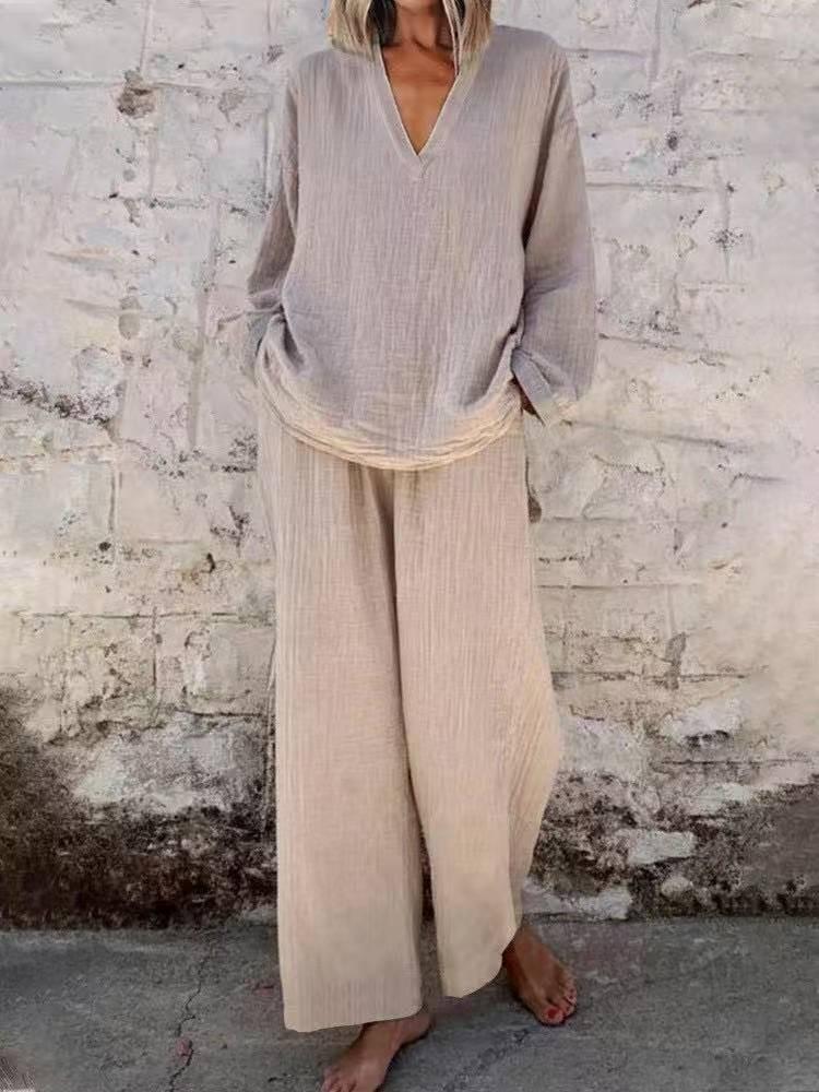 

Женский комплект из топа с V-образным вырезом свободного кроя и брюк широкого кроя светло-голубого цвета, повседневный наряд из хлопка и льна 5XL хаки