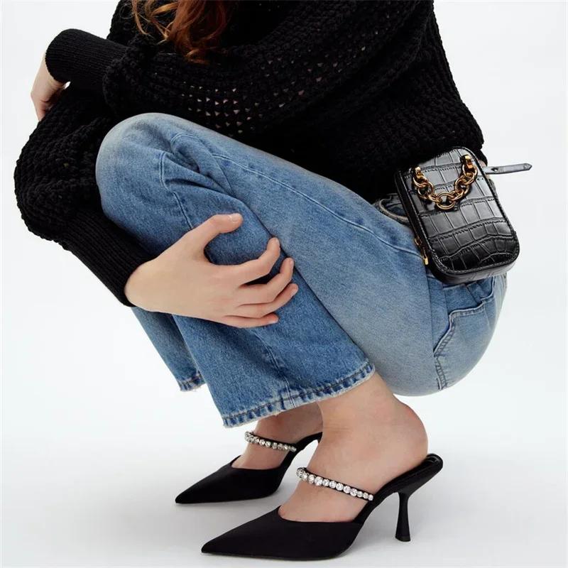 Móda 2024 Černé Kamínky Podpatkové Nazouváky Lodičky pro Ženy Elegantní Třpytivé Sandály Letní Pantofle Dámské Sexy Vysoké Podpatky Slingbacks