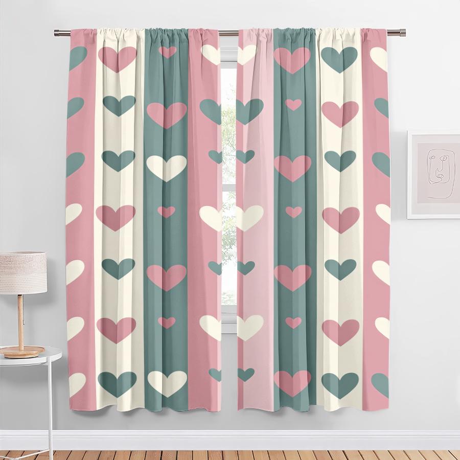 2PCS Pink Green White Striped Heart-shaped Curtains, Sweet Style, Living Room and Bedroom, Decorative with Drawbar Pockets