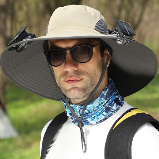 1 Set Outdoor Sun Hat with 2 Fan Large Brim Windproof Strap Solar or USB Charging Anti-UV Sun Protection Great Breathability Outdoor Fishing Camping