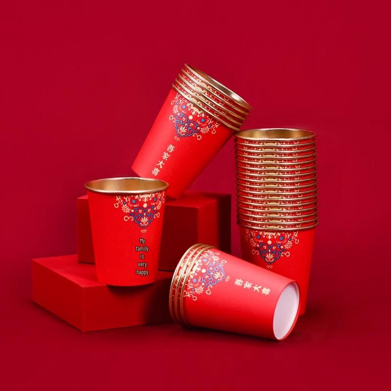 Disposable Gold Foil Wedding Tea Cups: Thickened Red Festive Collection