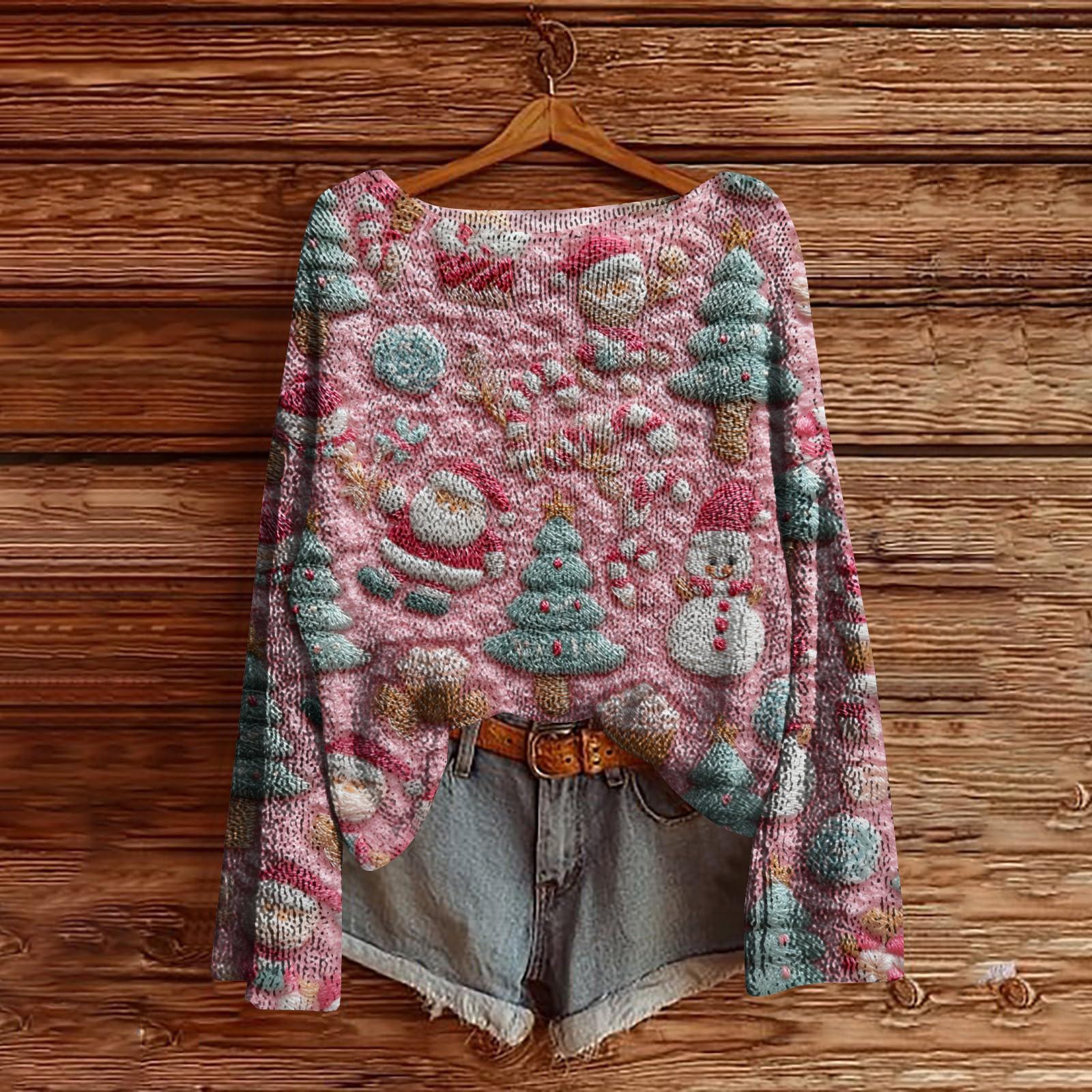 

Женский легкий свитер с рождественским принтом, повседневный вязаный пуловер с длинным рукавом XL розовый