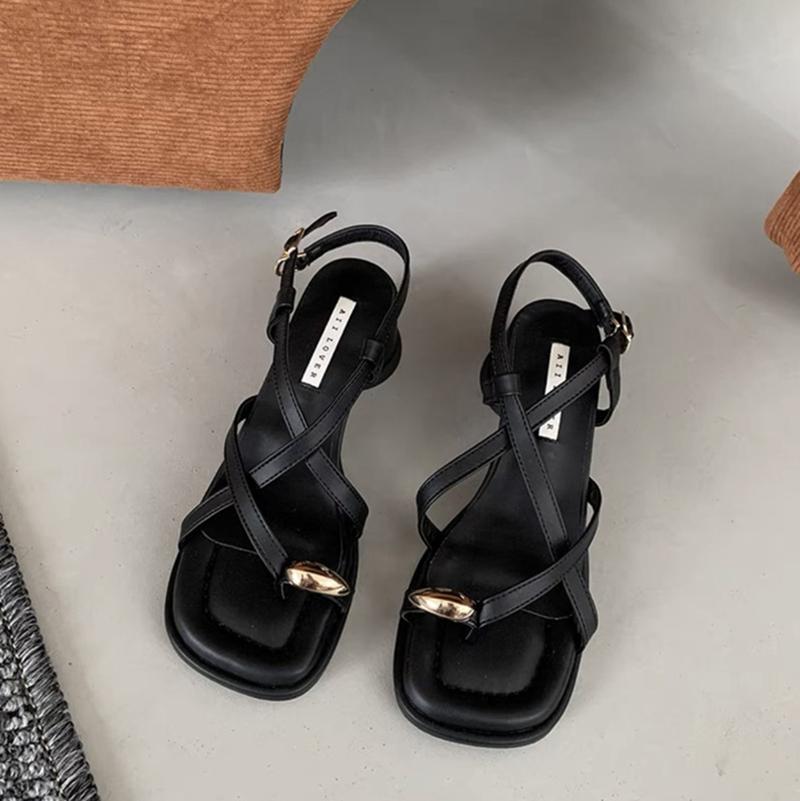 Fashion Sandals Designer New 2025 Dress Women Metal Decoration Ladies Narrow Band Buckle Thick Heels Female Shoes Outside Party Clip Toe