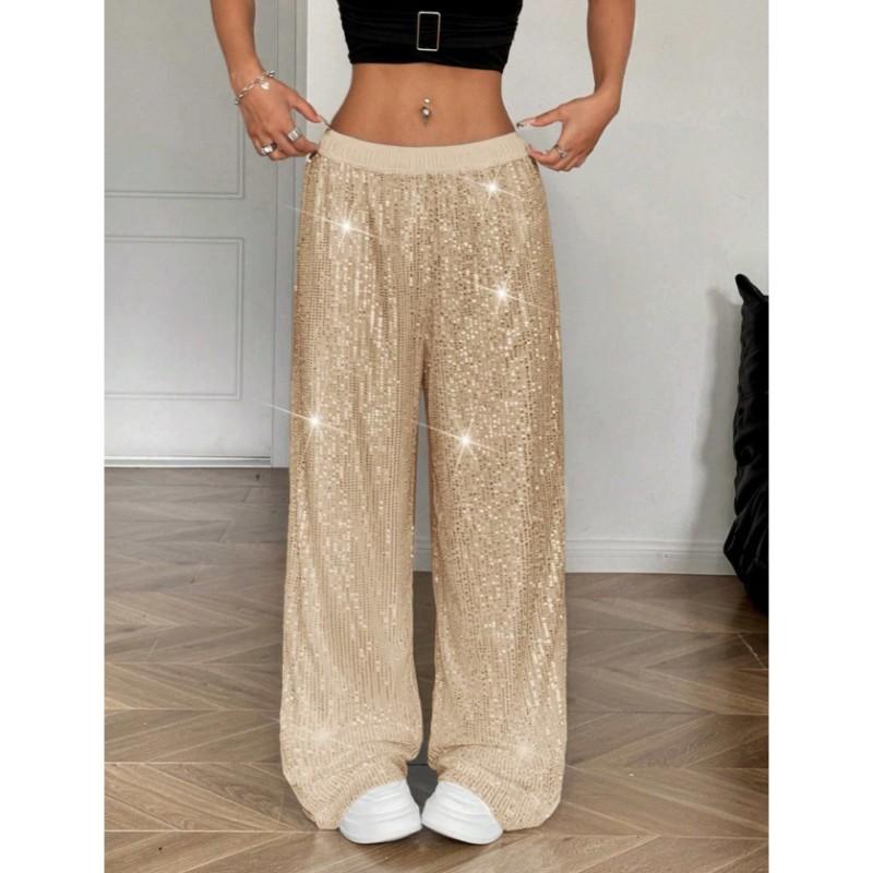 Women s Summer High-Waisted Sequin Wide-Leg Pants: Casual, Lightweight, Breathable, Slimming, Flowing, Solid Color XS