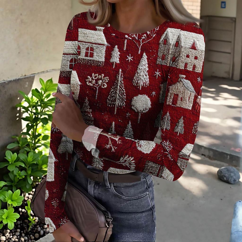 Camiseta de Fondo Delgado para Mujer Moda Casual Estampado Degradado Cuello Redondo Jersey Manga Larga Top