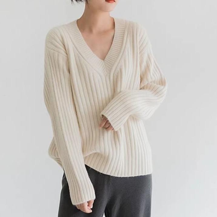 Jerséis Básicos de Punto para Mujer Otoño Invierno Cálido Suéter Cuello en V Moda Holgado Manga Larga Clásico Casual Tops de Punto