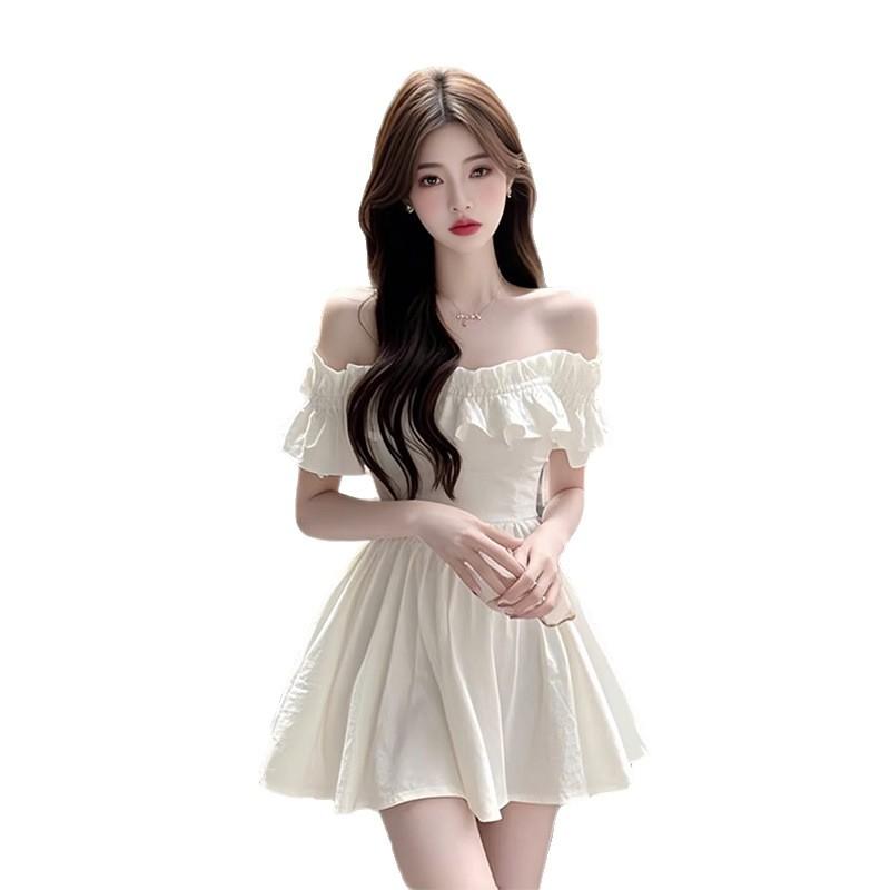 French temperament one-word shoulder ruffle edge white dress women's summer new gentle waist a-word short skirt