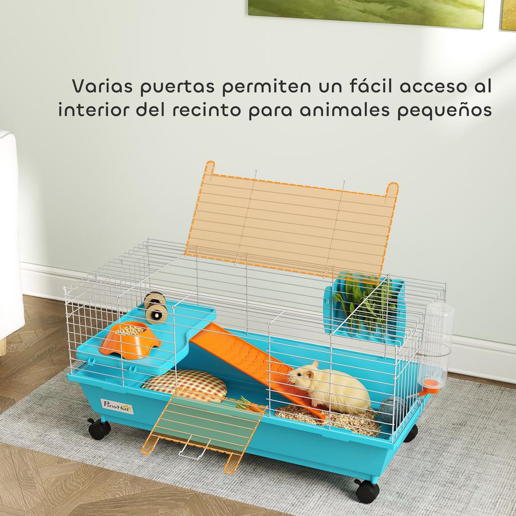 Small Animal Cage with Wheels, Bottle Feeder, Hay Dispenser for Rabbits and Guinea Pigs, 89x44x43 Cm, Blue