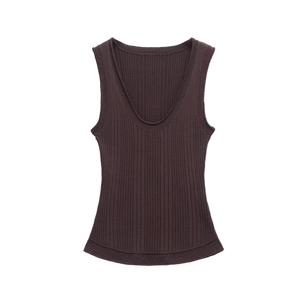 

Весна 2025 Женский приталенный вязаный жилет с низким U-образным вырезом - Универсальный повседневный топ Large каштановый