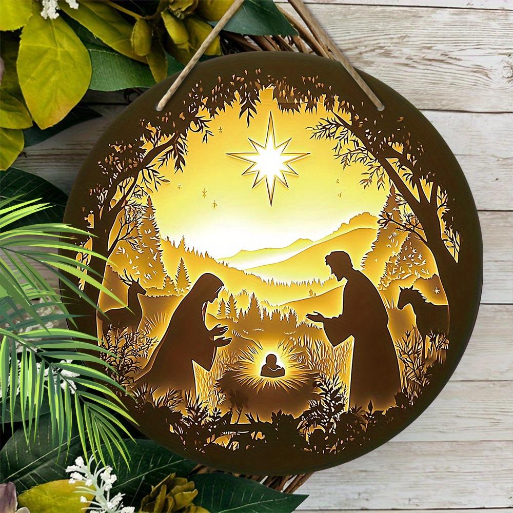 Nativity Wooden Christmas Sign - Jesus Navidad Round Sign for Front Door Wall Hanging Decor - Ideal Christmas Decoration