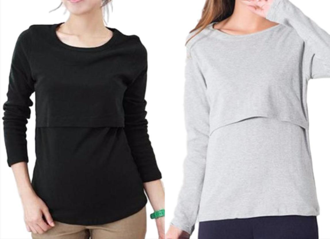 

Nursing Long Sleeve with Nursing Maternity Choice of Set of 2 x Clothes, T-Shirts Openings, Wear, Colors, (Black Gray)