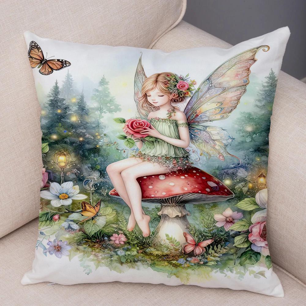 Niedlicher Cartoon Waldmädchen Elfen Kissenbezug Doppelseitig bedruckter Kissenbezug Deko für Sofa Zuhause Superweicher Plüsch Kissenbezug 40x40cm