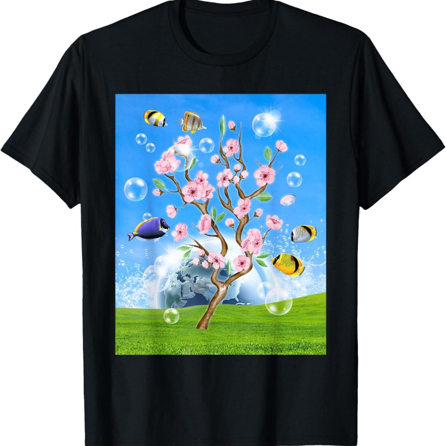 Frutiger Aero Aesthetic Tech Cherry Blossom Fishes Bubbles T-Shirt S