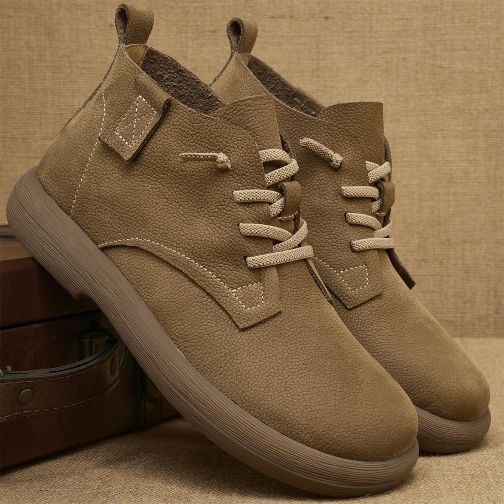 Men's Cowhide Short Boots Winter Stretch Shoelace Ankle Boots Men's Leather Soft Bottom Vintage Workwear Boots Chelsea Boots