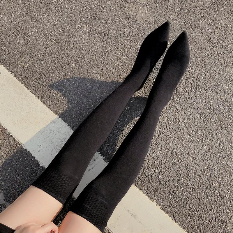 Größe 34-40 Mode Schlanke Bein Oberschenkelhohe Sockenstiefel Damen Schwarz Stretchstoff Spitze Flache Absätze Über das Knie Zum Hineinschlüpfen Schuhe