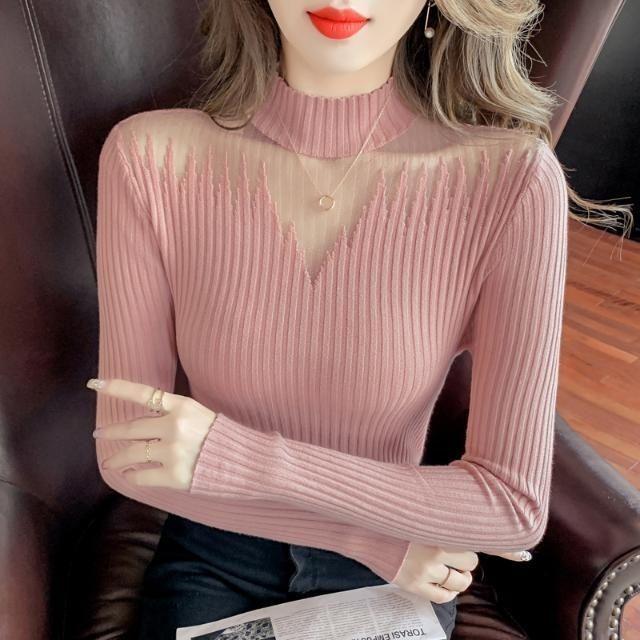 2024 Autumn/Winter Slim-Fit Knitted Pullover - Openwork Design Long Sleeve Base Layer Sweater