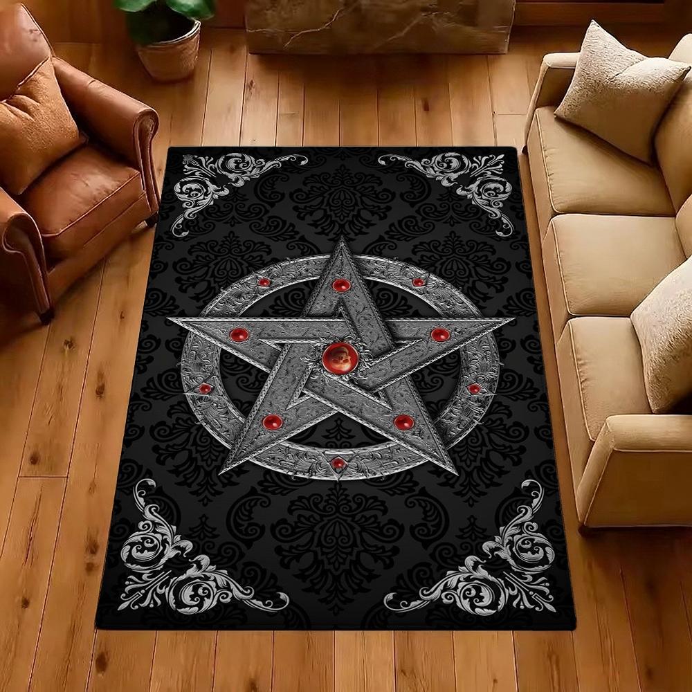 Dark Gothic Pentacle Ruby Accents Patterned Rug Nonslip Thick Carpet For Living Room Bedroom Hallway Home Decor Birthday Gift