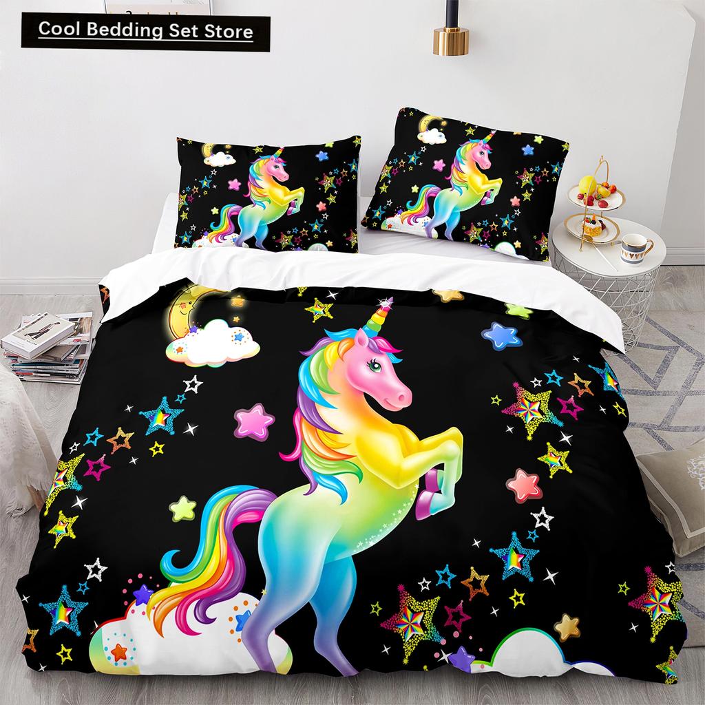 Einhorn-Bettwäsche-Set (King- und Queensize) mit Märchenmotiven und magischen Tieren für Kinder (Jungen und Mädchen) – Sternenuniversum – Polyester-Bettbezug