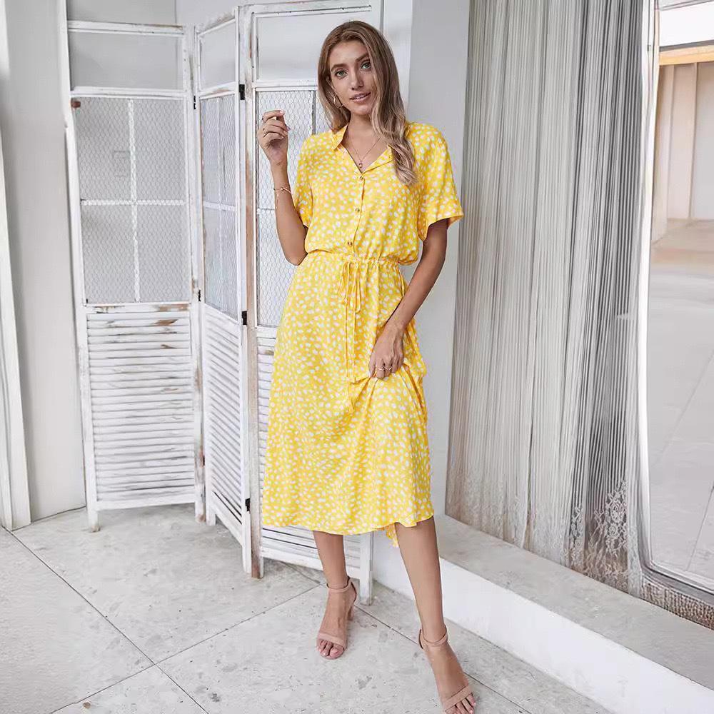 Europa, América, vestido largo nuevo de verano con cuello en V, temperamento fresco, vestido de lunares con botones y cordón