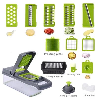 1Pc Green Black 14 In 1 Multifunctional Vegetable Slicer Cutter Shredders Slicer With Basket Fruit Potato Chopper Carrot Grater