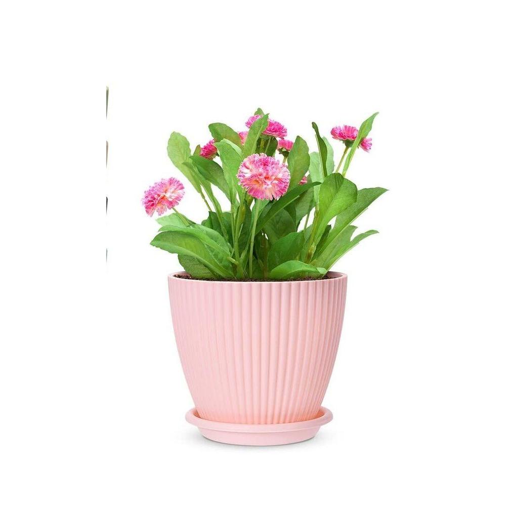 Plastic Round Flower Pots with Tray for Home Planters, Terrace, Garden Etc | Pack of 05 | Baby Pink | Size 6.5 Inch | for Home Indoor & Outdoor
