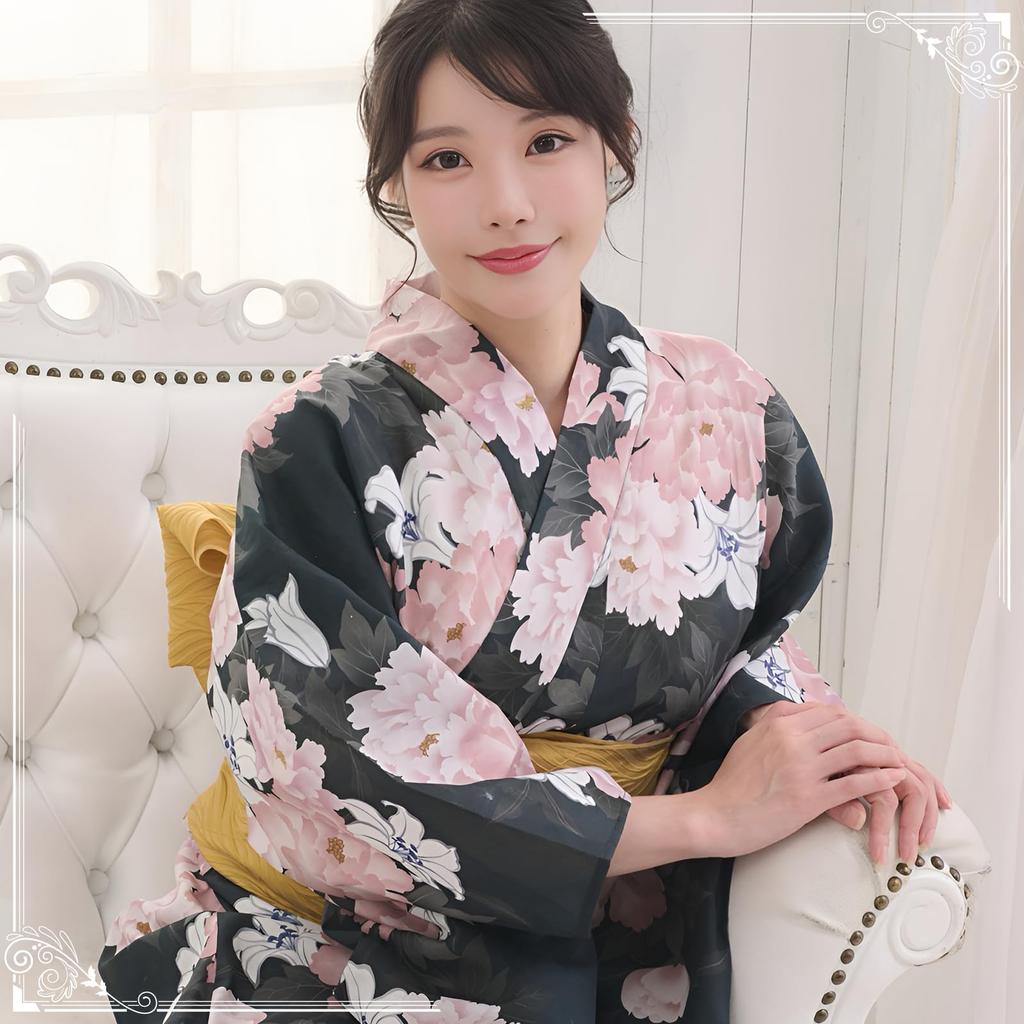 Yukata Set with Heiko Obi Soft and Crinkled Peony and Lily Ink for Summer Festivals and Fireworks Free Size [GRAXIA] Women's 2-Piece (Sash), Pattern,