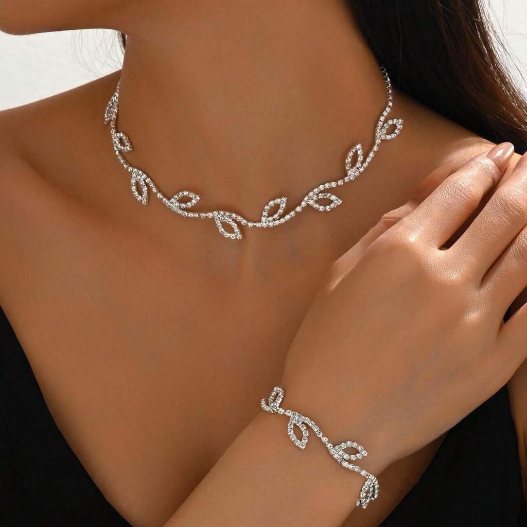 Elegant Leaf Jewelry Set: Multi-Color Necklace, Earrings, Bracelet - Perfect for Brides, Banquets & Evening Gowns