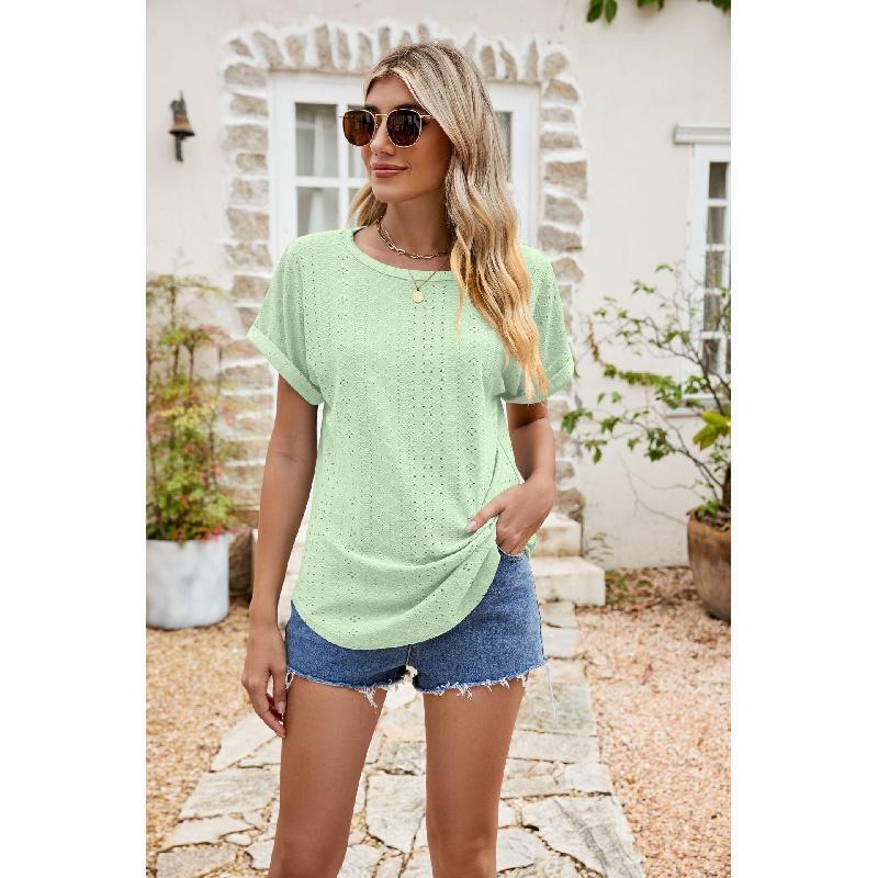 2026 Summer New Hollow-Out Round Neck Short Sleeve Women's Casual Solid Color T-Shirt