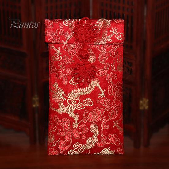 Faux Silk Red Envelope Chinese Wedding Red Pocket Lucky Money Hongbao Card Cash Envelope with Chinese Knot for New Year Spring Festival Wedding