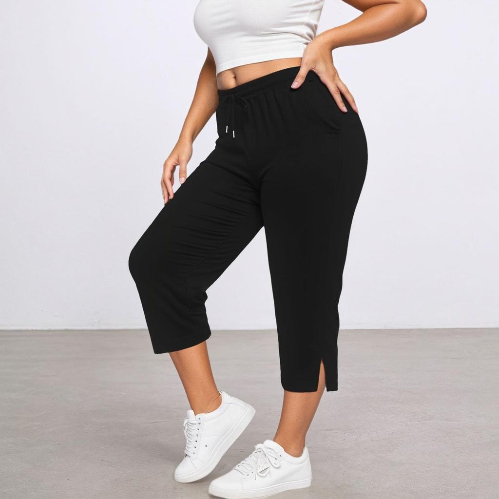 Women's Cropped Pants Casual Drawstring Waist Loose Yoga Sports Pants With Pocket Cuff Slitted Sports Pants