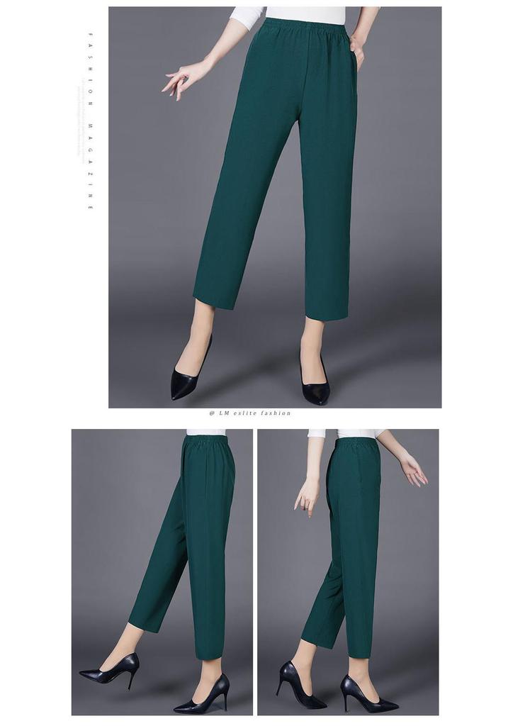Summer Ice Silk High-Waist Elastic Pants for Middle-Aged and Older Women - Casual, Loose-Fit, Straight, Nine-Point Length