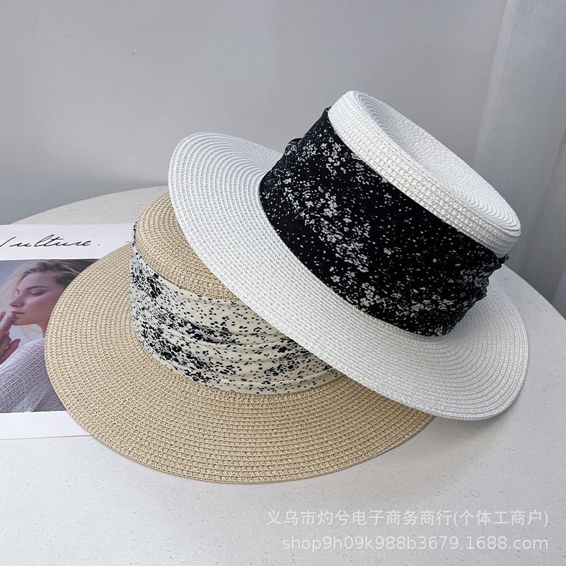 French elegant flat-brimmed straw hat women's spring summer outing beach hat versatile face small sun hat